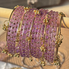 Lavender Rose Kashmiri Glass Bangles Set Gold Ghungroos Indian Bridal Wedding Jewelry - 15