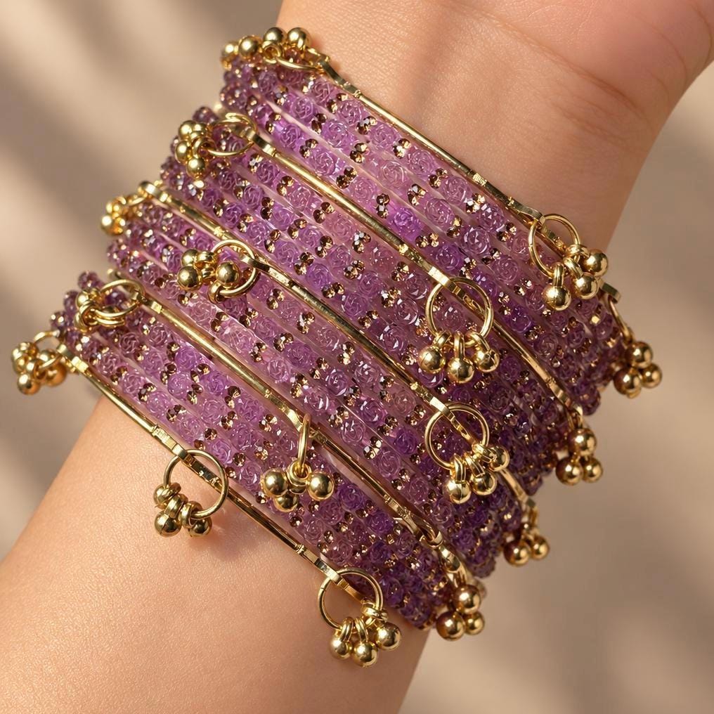 Lavender Rose Kashmiri Glass Bangles Set Gold Ghungroos Indian Bridal Wedding Jewelry - 9