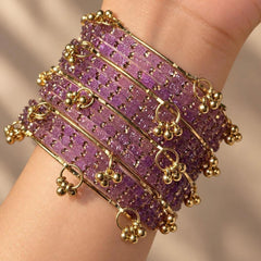 Lavender Rose Kashmiri Glass Bangles Set Gold Ghungroos Indian Bridal Wedding Jewelry - 9