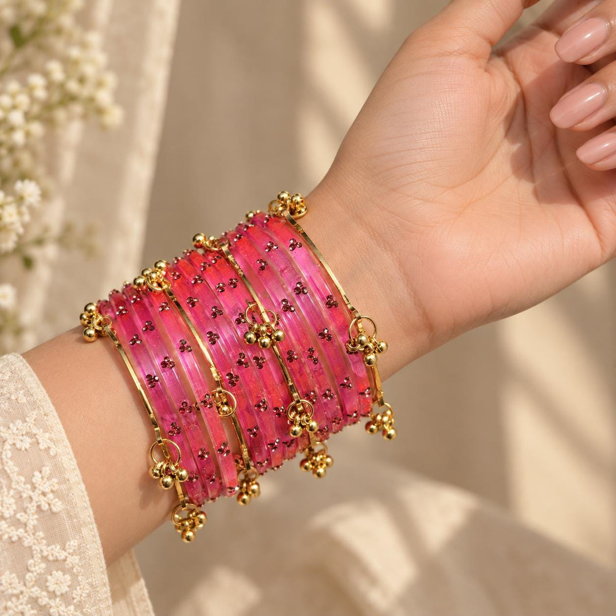 Pink Kashmiri Glass Bangles Set Gold Ghungroo Indian Bridal Wedding Jewelry Pakistani Handmade Churiyan - 4