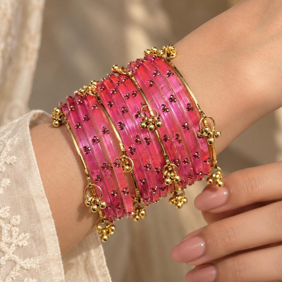 Pink Kashmiri Glass Bangles Set Gold Ghungroo Indian Bridal Wedding Jewelry Pakistani Handmade Churiyan