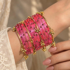 Pink Kashmiri Glass Bangles Set Gold Ghungroo Indian Bridal Wedding Jewelry Pakistani Handmade Churiyan