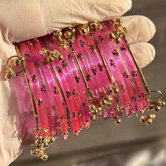 Pink Kashmiri Glass Bangles Set Gold Ghungroo Indian Bridal Wedding Jewelry Pakistani Handmade Churiyan - 6