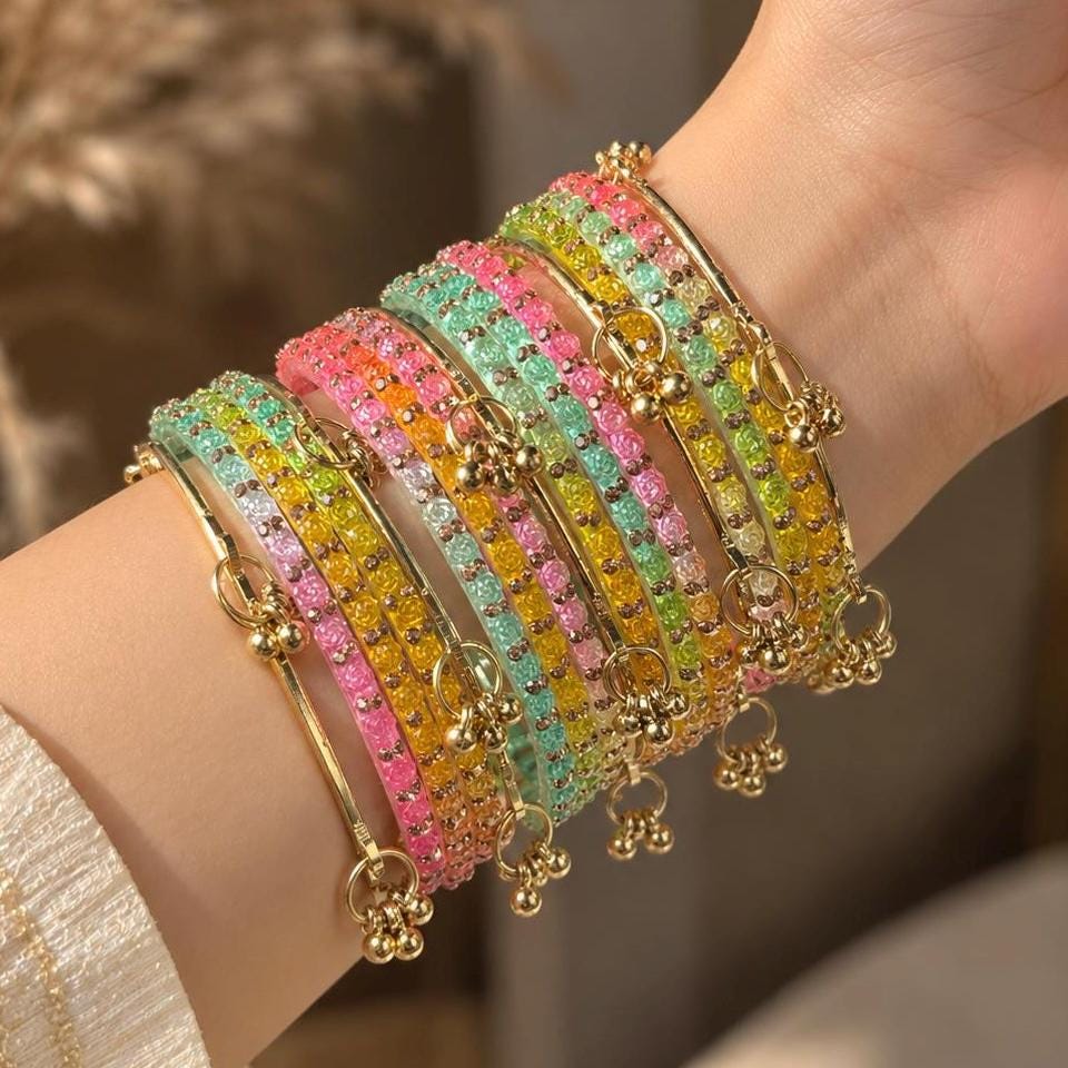 Multicolor Glass Bangles Set | Gold Kashmiri Ghungroo | South Indian Bridal | Wedding Jewelry - 5