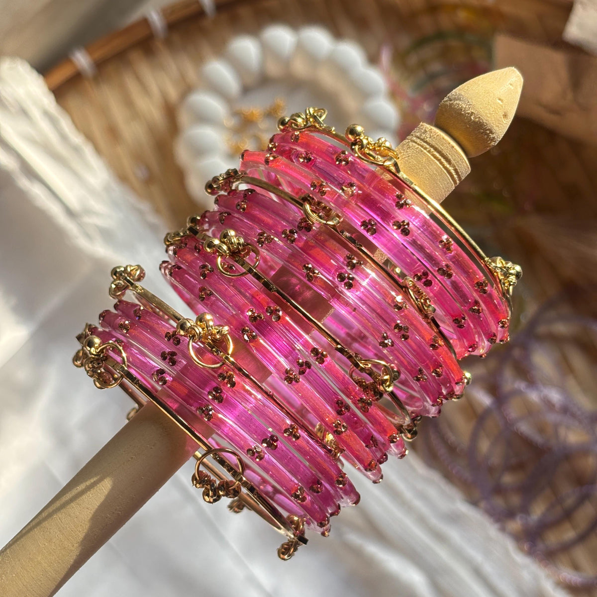 Pink Kashmiri Glass Ghungroo Bangles Set Indian Bridal Wedding Jewelry - 3