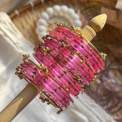 Pink Kashmiri Glass Ghungroo Bangles Set Indian Bridal Wedding Jewelry - 3