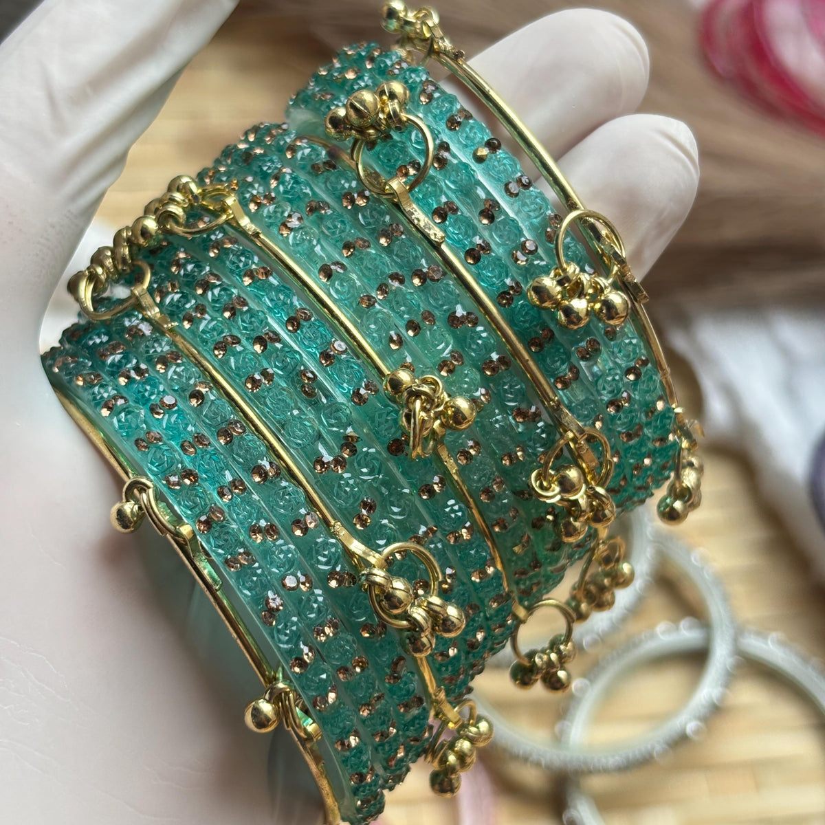Teal Rose Glass Bangles Set Kashmiri Gold Ghungroo Indian Bridal Wedding Jewelry - 7