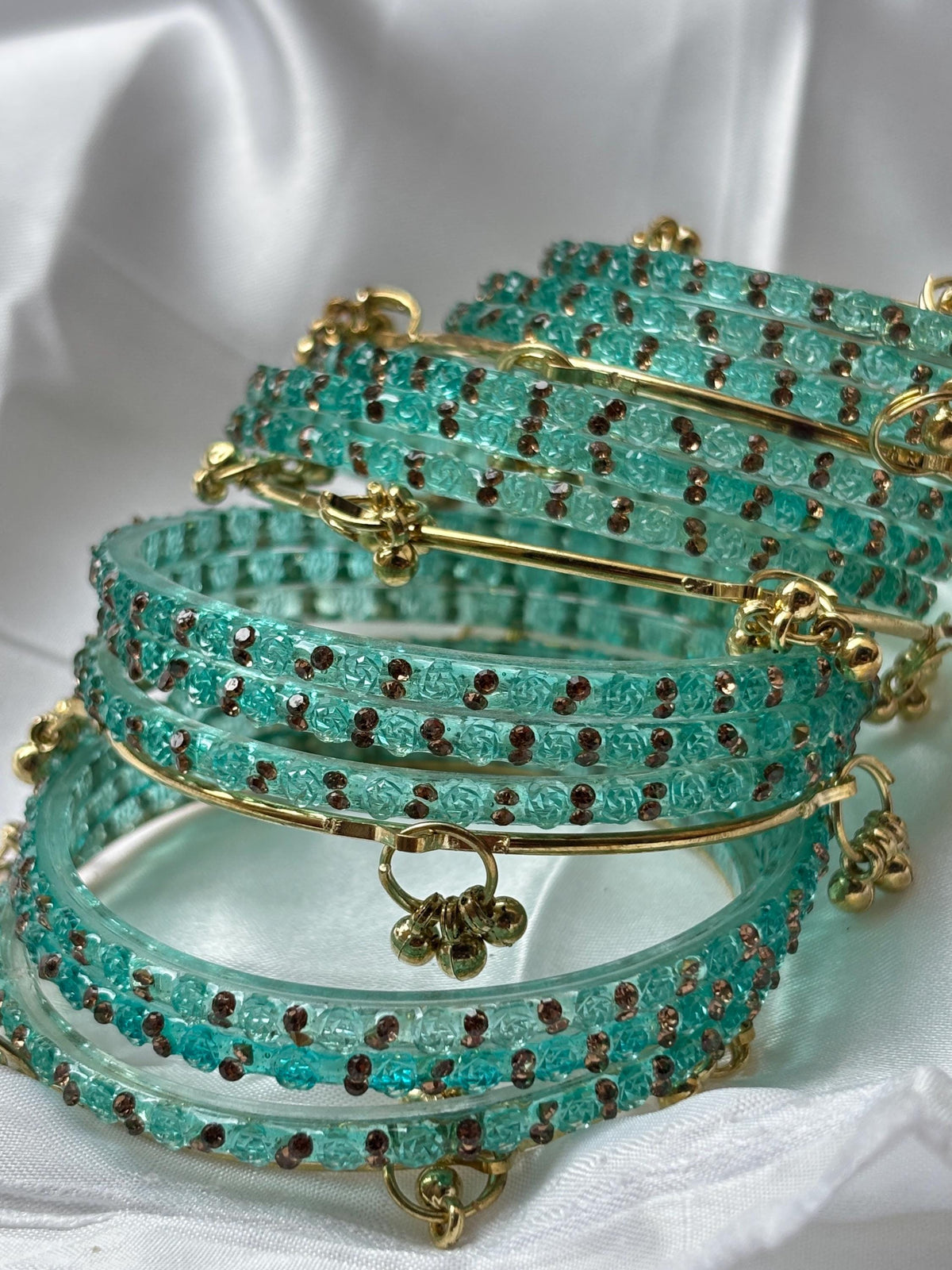 Teal Rose Glass Bangles Set Kashmiri Gold Ghungroo Indian Bridal Wedding Jewelry - 4