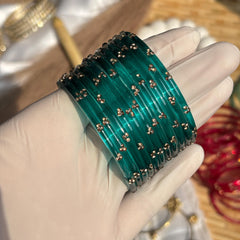 Kashmiri Raindrop Glass Bangle Set Green Pink Gold South Indian Bridal Wedding Jewelry - 3