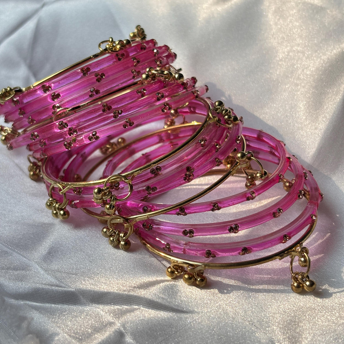 Kashmiri Raindrop Glass Bangle Set Green Pink Gold South Indian Bridal Wedding Jewelry - 2