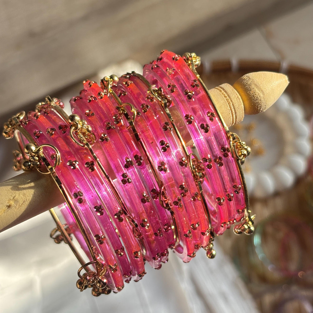 Kashmiri Raindrop Glass Bangle Set Green Pink Gold South Indian Bridal Wedding Jewelry - 10
