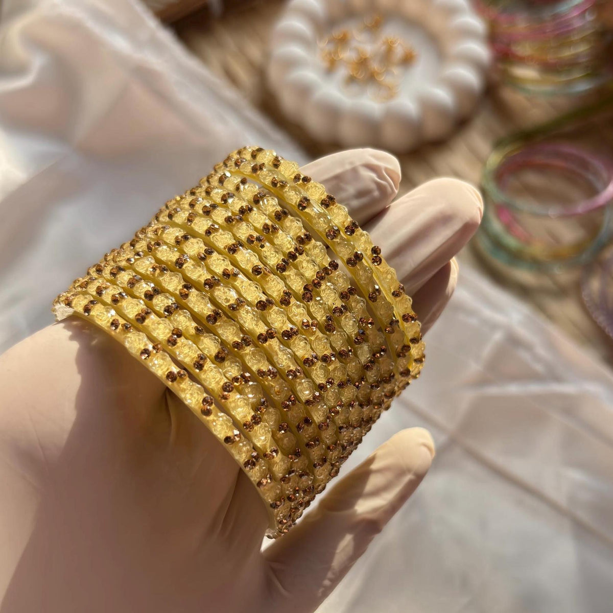 Rose Beige Kashmiri Glass Bangles Set Raindrop Indian Bridal Churiyan Pakistani Wedding Jewelry - 10