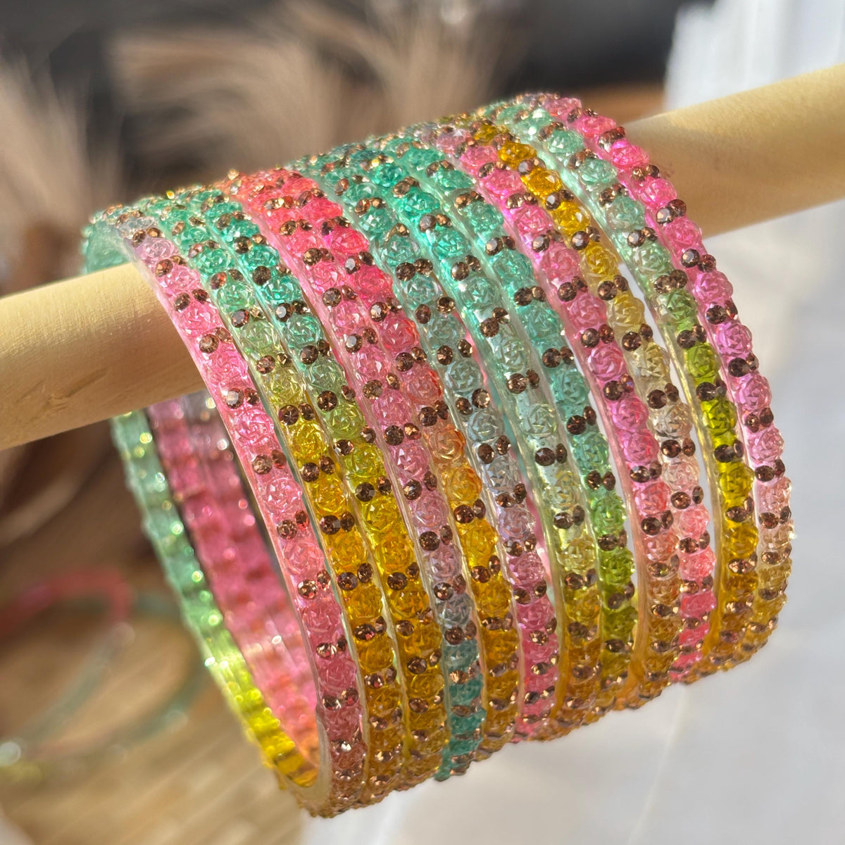 Multicolor Glass Bangles Set | Gold Kashmiri Ghungroo | South Indian Bridal | Wedding Jewelry - 11