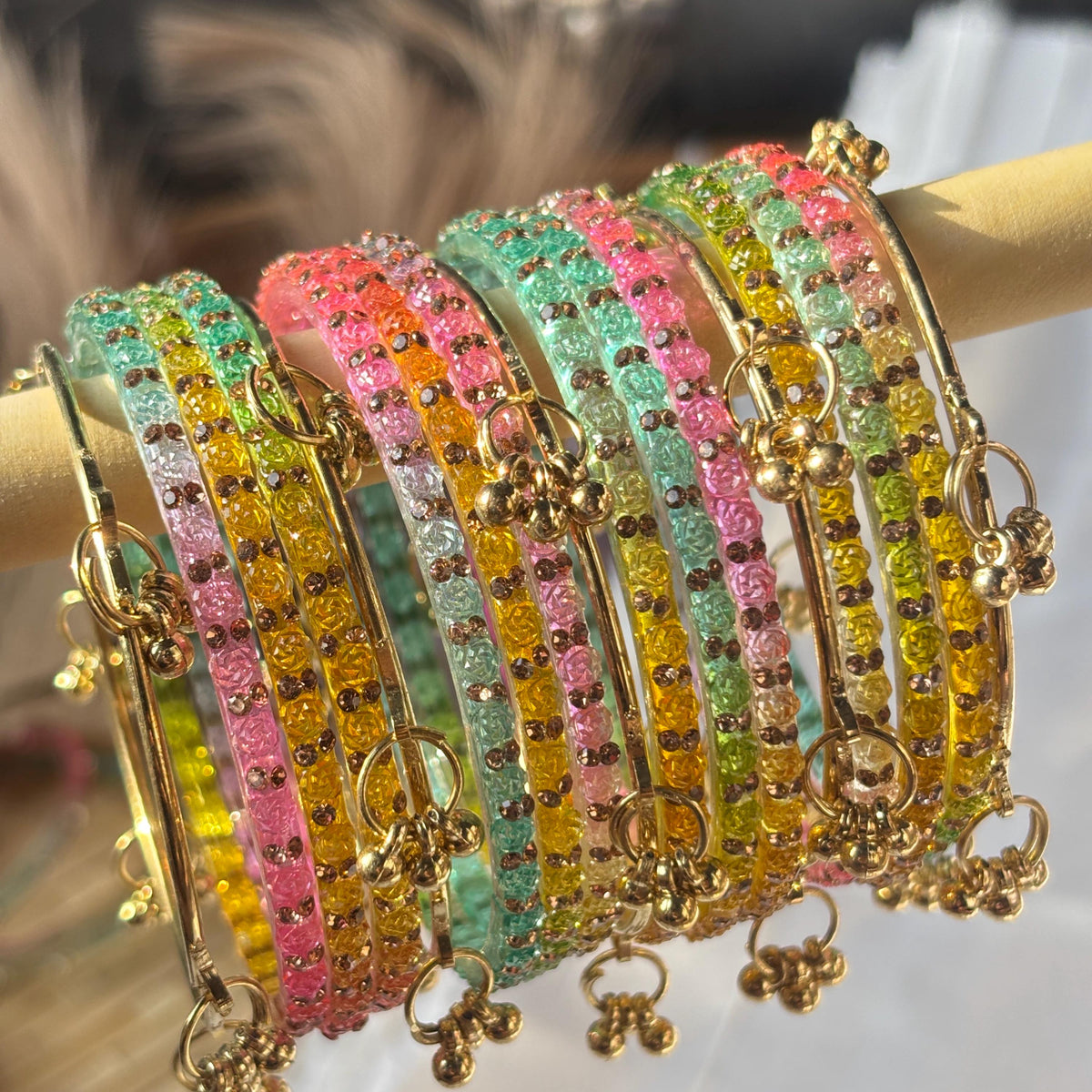 Multicolor Glass Bangles Set | Gold Kashmiri Ghungroo | South Indian Bridal | Wedding Jewelry - 14