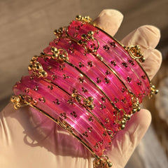 Pink Kashmiri Glass Bangles Set Gold Ghungroo Indian Bridal Wedding Jewelry Pakistani Handmade Churiyan - 7