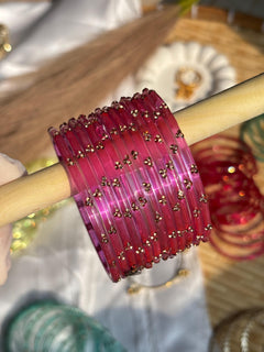 Pink Kashmiri Glass Bangles Set Gold Ghungroo Indian Bridal Wedding Jewelry Pakistani Handmade Churiyan - 12