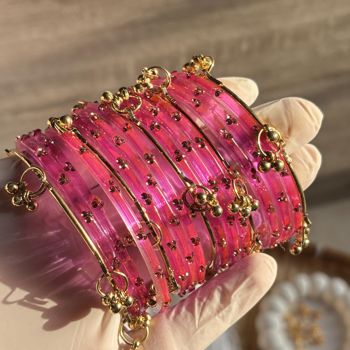Pink Kashmiri Glass Bangles Set Gold Ghungroo Indian Bridal Wedding Jewelry Pakistani Handmade Churiyan - 11