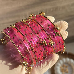 Pink Kashmiri Glass Bangles Set Gold Ghungroo Indian Bridal Wedding Jewelry Pakistani Handmade Churiyan - 11