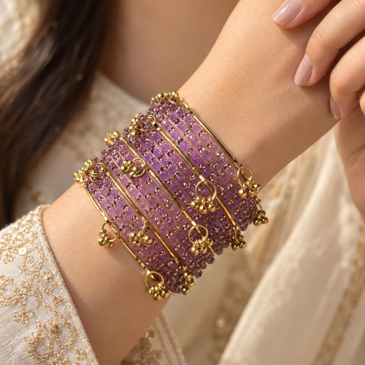 Lavender Rose Kashmiri Glass Bangles Set Gold Ghungroos Indian Bridal Wedding Jewelry - 11