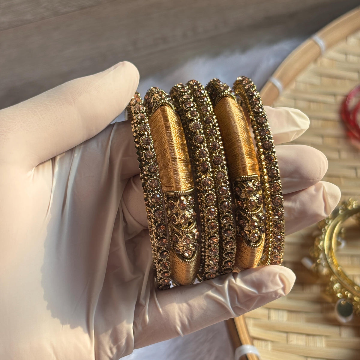 Antique Gold Kundan Kada Bangles Champagne Stone Bridal Jewelry Indian Chuda Wedding Set - 7