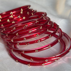 Red Glass Bangles Set Kashmiri Gold Cowrie Ghungroo Indian Wedding Bridal Jewelry - 8