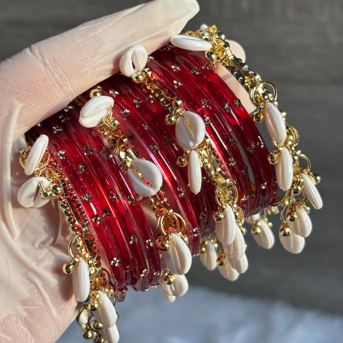 Red Glass Bangles Set Kashmiri Gold Cowrie Ghungroo Indian Wedding Bridal Jewelry - 12