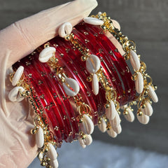 Red Glass Bangles Set Kashmiri Gold Cowrie Ghungroo Indian Wedding Bridal Jewelry - 12
