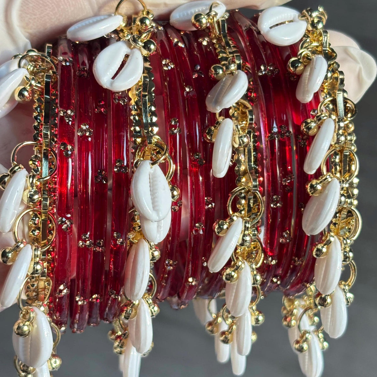 Red Glass Bangles Set Kashmiri Gold Cowrie Ghungroo Indian Wedding Bridal Jewelry - 5