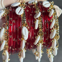 Red Glass Bangles Set Kashmiri Gold Cowrie Ghungroo Indian Wedding Bridal Jewelry - 5