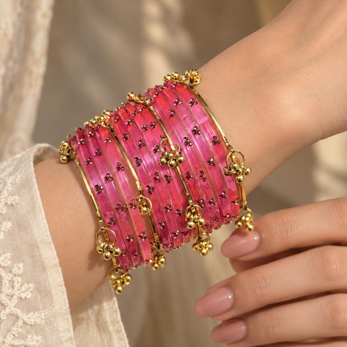 Pink Kashmiri Glass Ghungroo Bangles Set Indian Bridal Wedding Jewelry - 2
