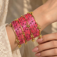 Pink Kashmiri Glass Ghungroo Bangles Set Indian Bridal Wedding Jewelry - 2