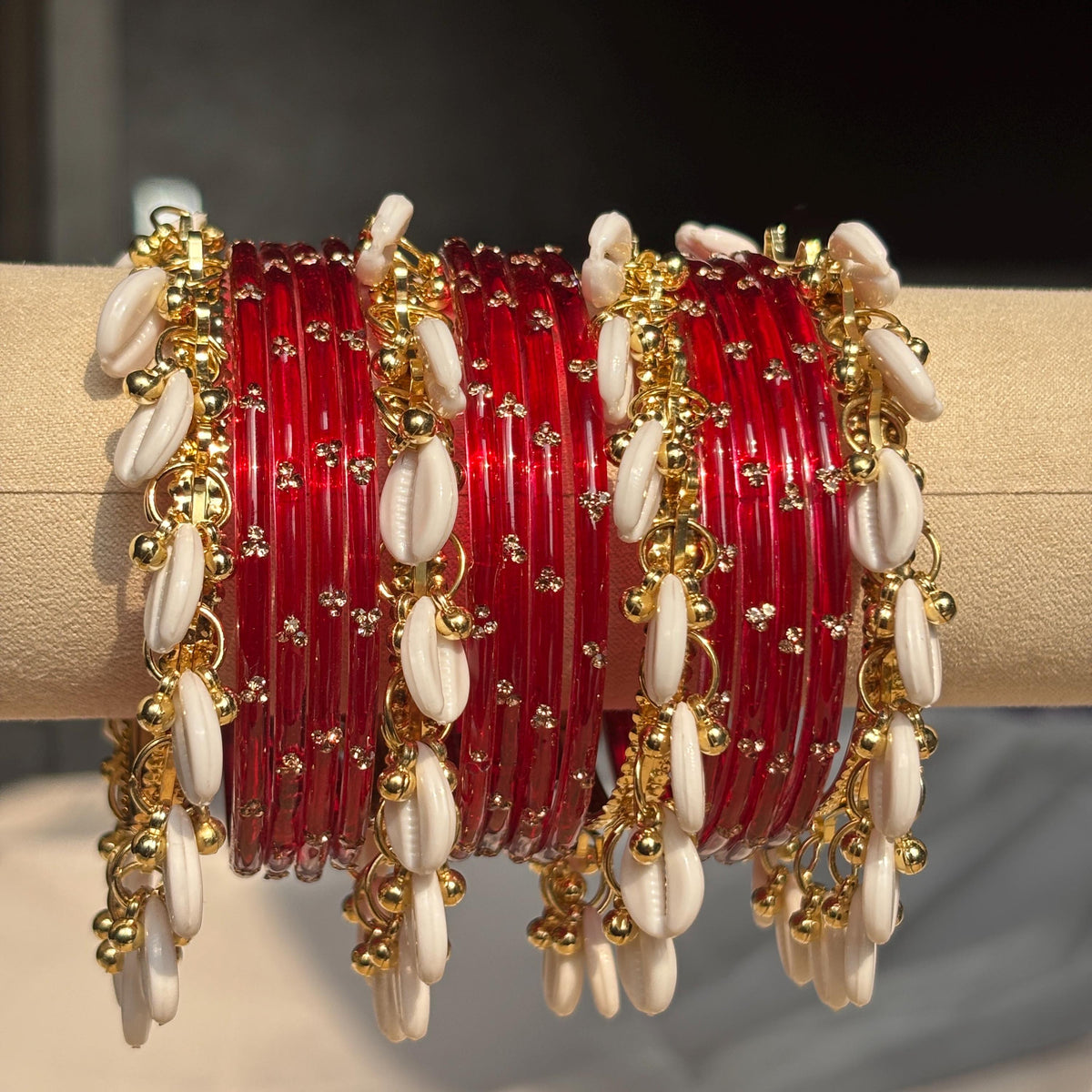 Red Glass Bangles Set Kashmiri Gold Cowrie Ghungroo Indian Wedding Bridal Jewelry - 7