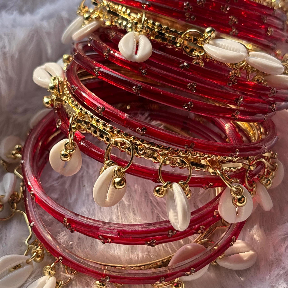 Red Glass Bangles Set Kashmiri Gold Cowrie Ghungroo Indian Wedding Bridal Jewelry - 4