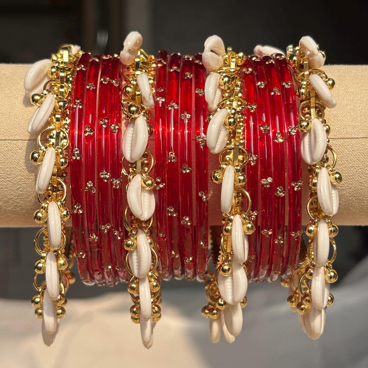 Red Glass Bangles Set Kashmiri Gold Cowrie Ghungroo Indian Wedding Bridal Jewelry - 2
