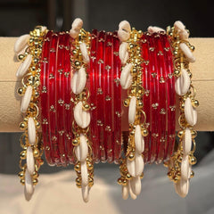 Red Glass Bangles Set Kashmiri Gold Cowrie Ghungroo Indian Wedding Bridal Jewelry - 2