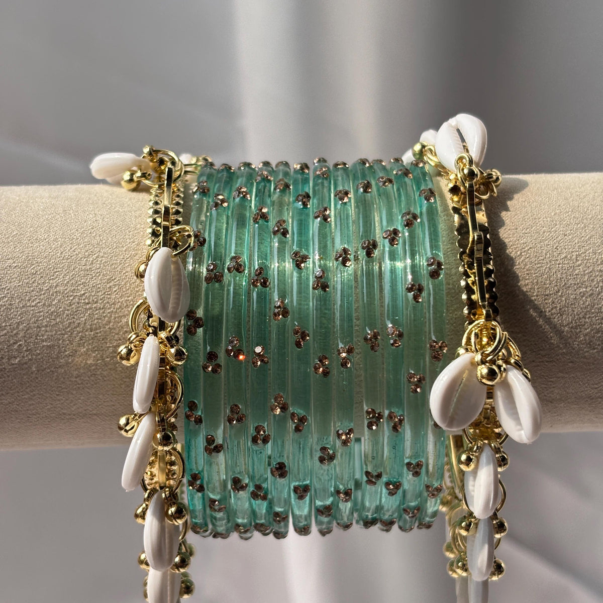 Kashmiri Raindrop Bangles Set Of 3 Gold Cowrie Shell Ghungroo Indian Wedding Jewelry - 3