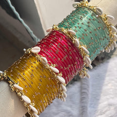 Kashmiri Raindrop Bangles Set Of 3 Gold Cowrie Shell Ghungroo Indian Wedding Jewelry - 10