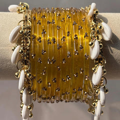 Kashmiri Raindrop Bangles Set Of 3 Gold Cowrie Shell Ghungroo Indian Wedding Jewelry - 5