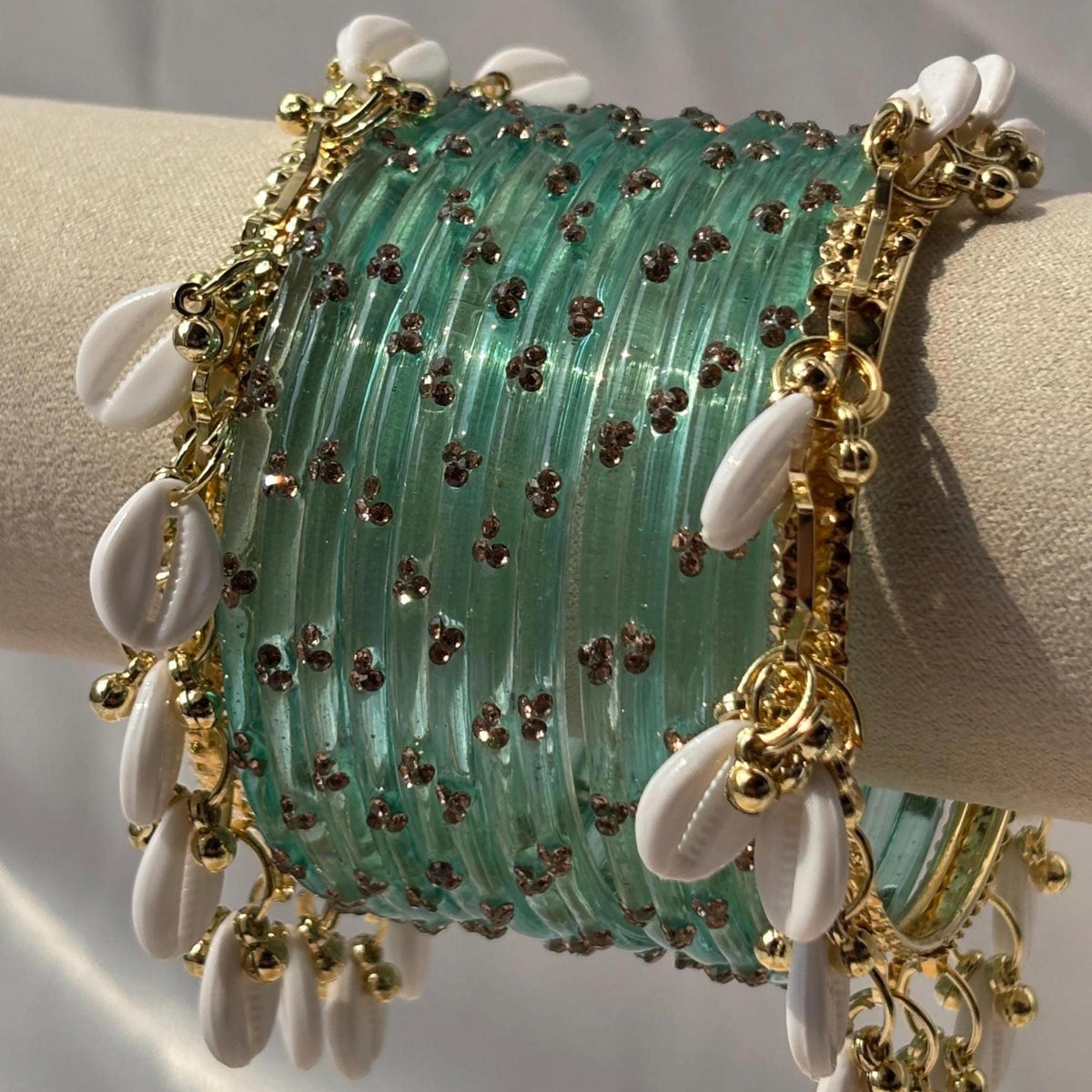 Kashmiri Raindrop Bangles Set Of 3 Gold Cowrie Shell Ghungroo Indian Wedding Jewelry - 11