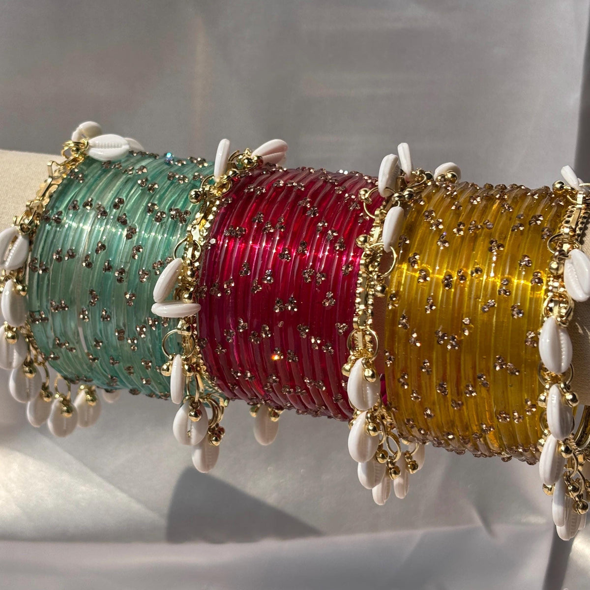 Kashmiri Raindrop Bangles Set Of 3 Gold Cowrie Shell Ghungroo Indian Wedding Jewelry - 6