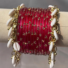 Kashmiri Raindrop Bangles Set Of 3 Gold Cowrie Shell Ghungroo Indian Wedding Jewelry - 12