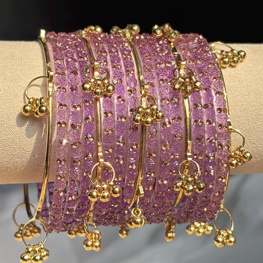 Lavender Rose Kashmiri Glass Bangles Set Gold Ghungroos Indian Bridal Wedding Jewelry