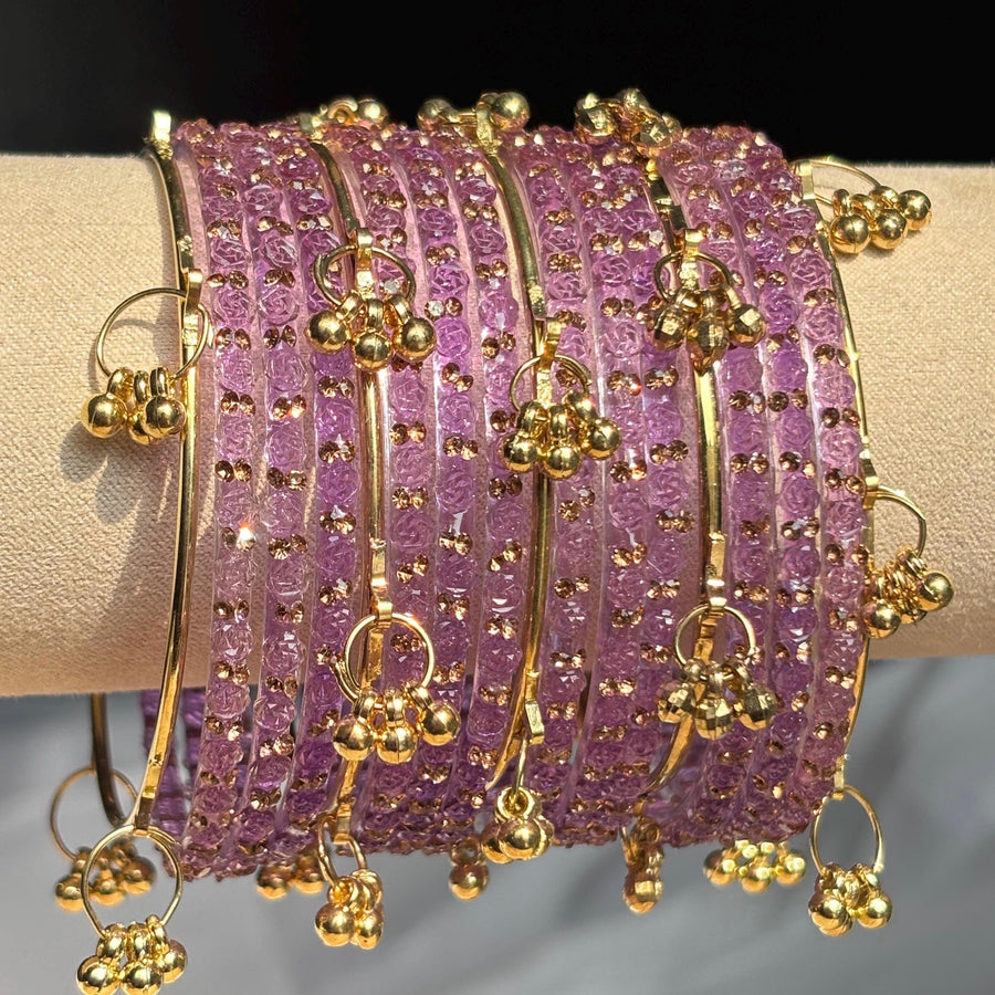Lavender Rose Kashmiri Glass Bangles Set Gold Ghungroos Indian Bridal Wedding Jewelry