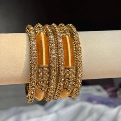 Antique Gold Kundan Kada Bangles Champagne Stone Bridal Jewelry Indian Chuda Wedding Set - 6