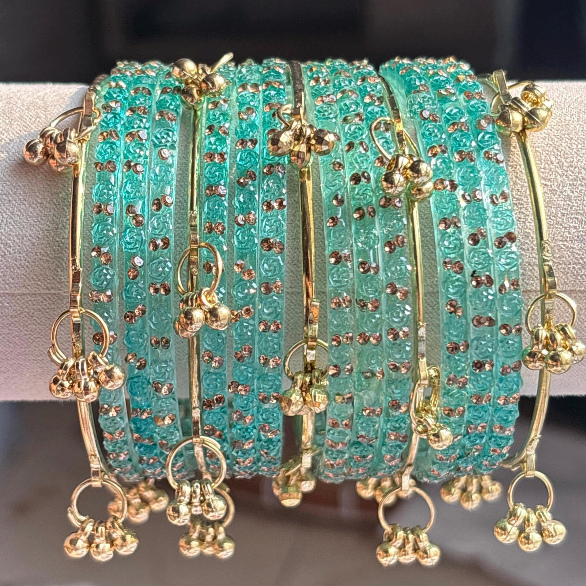 Teal Rose Glass Bangles Set Kashmiri Gold Ghungroo Indian Bridal Wedding Jewelry