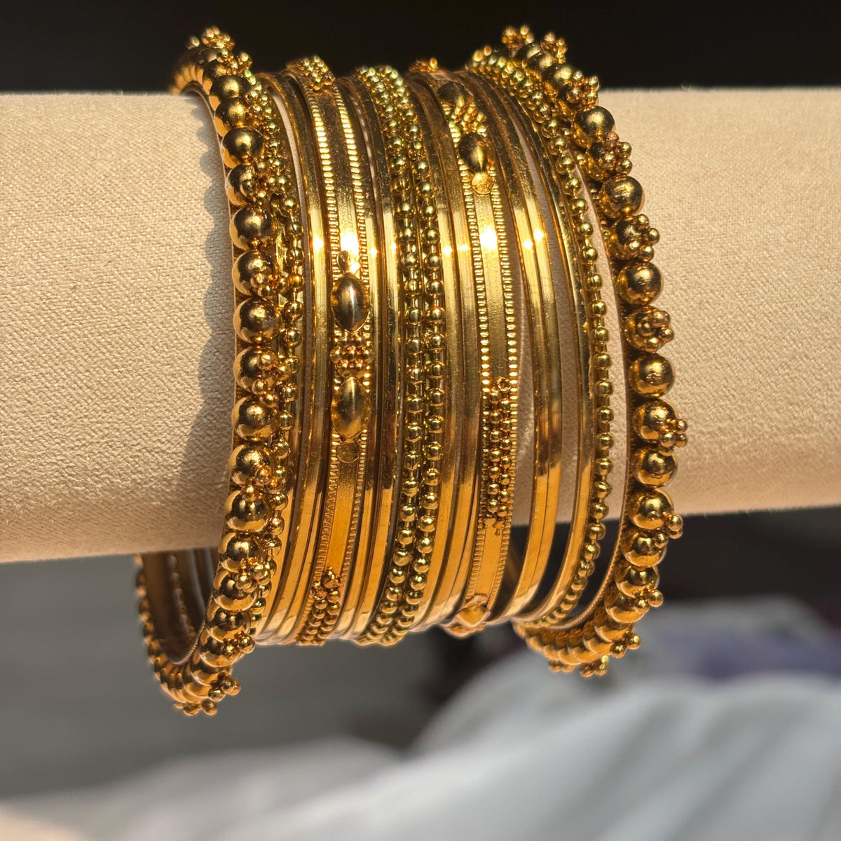 Antique Gold Kada Beaded Bangle Set Metal Churi Stack Indian Wedding Festive - 5