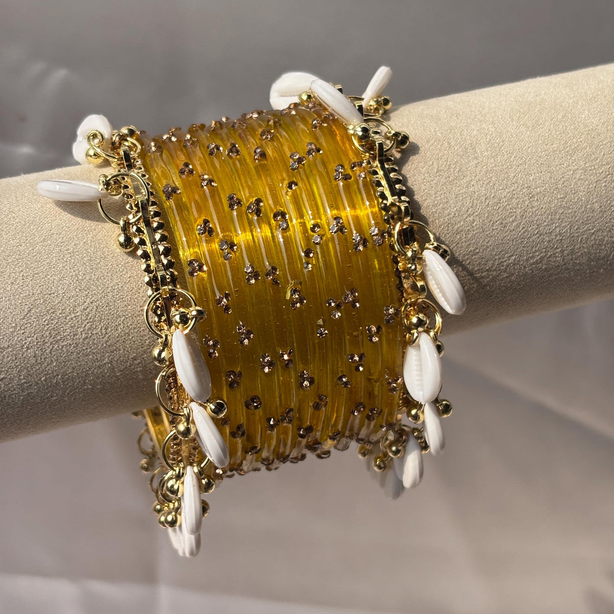 Ghungroo Bangles Yellow Red Seafoam Cowrie Shell Kashmiri Churiyan Indian Diwali Bangles Set - 4