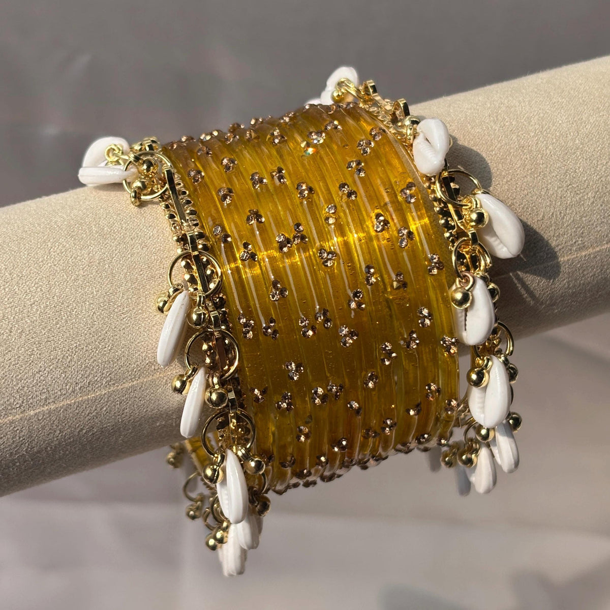 Ghungroo Bangles Yellow Red Seafoam Cowrie Shell Kashmiri Churiyan Indian Diwali Bangles Set