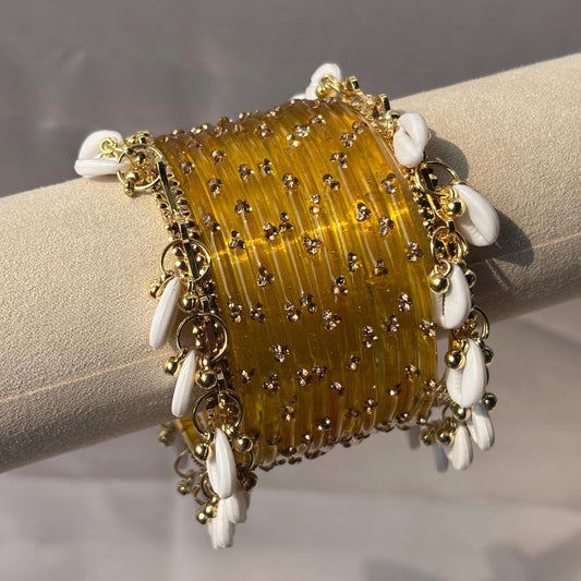 Ghungroo Bangles Yellow Red Seafoam Cowrie Shell Kashmiri Churiyan Indian Diwali Bangles Set