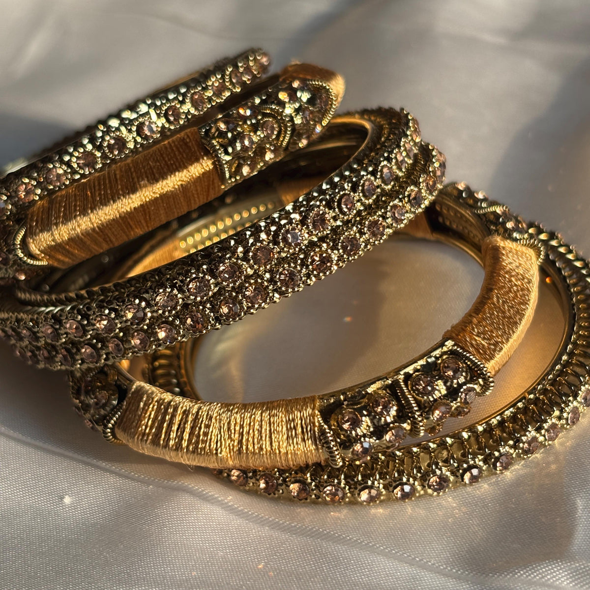 Antique Gold Kundan Kada Bangles Champagne Stone Bridal Jewelry Indian Chuda Wedding Set - 3